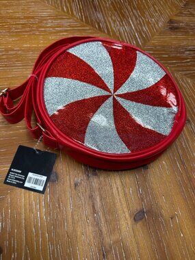 Red & Silver Glitter Peppermint Round Crossbody Bag With Adjustable Strap